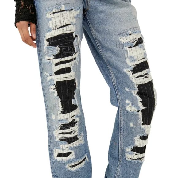 Free People McCoy Destroyed Straight Leg Jeans in Tattered Blue - Picture 2 of 6